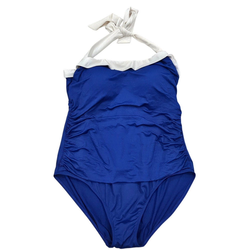 Ralph Lauren Bel Aire Color Block Ruffle Trim Baneau One piece Swimsuit 14 Navy